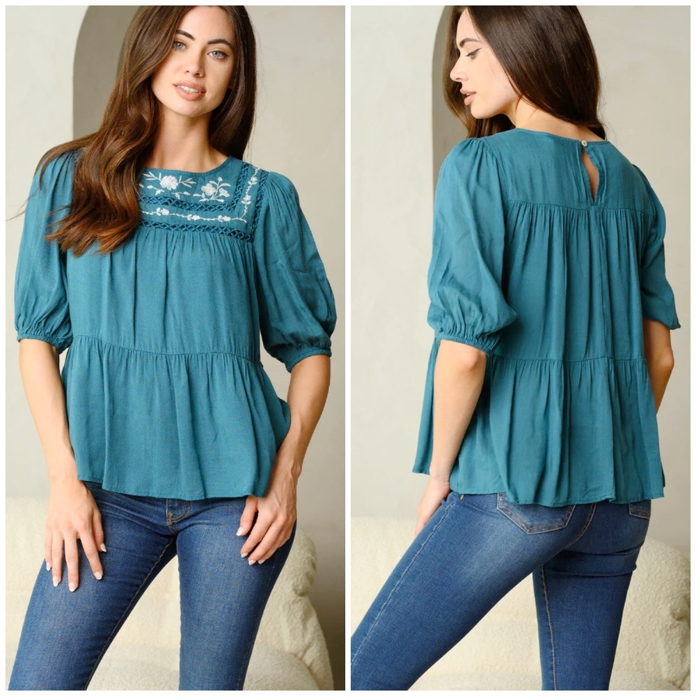 LAST 1❗️POLAGRAM Boho Chic Embroidered Teal Short Sleeves Top